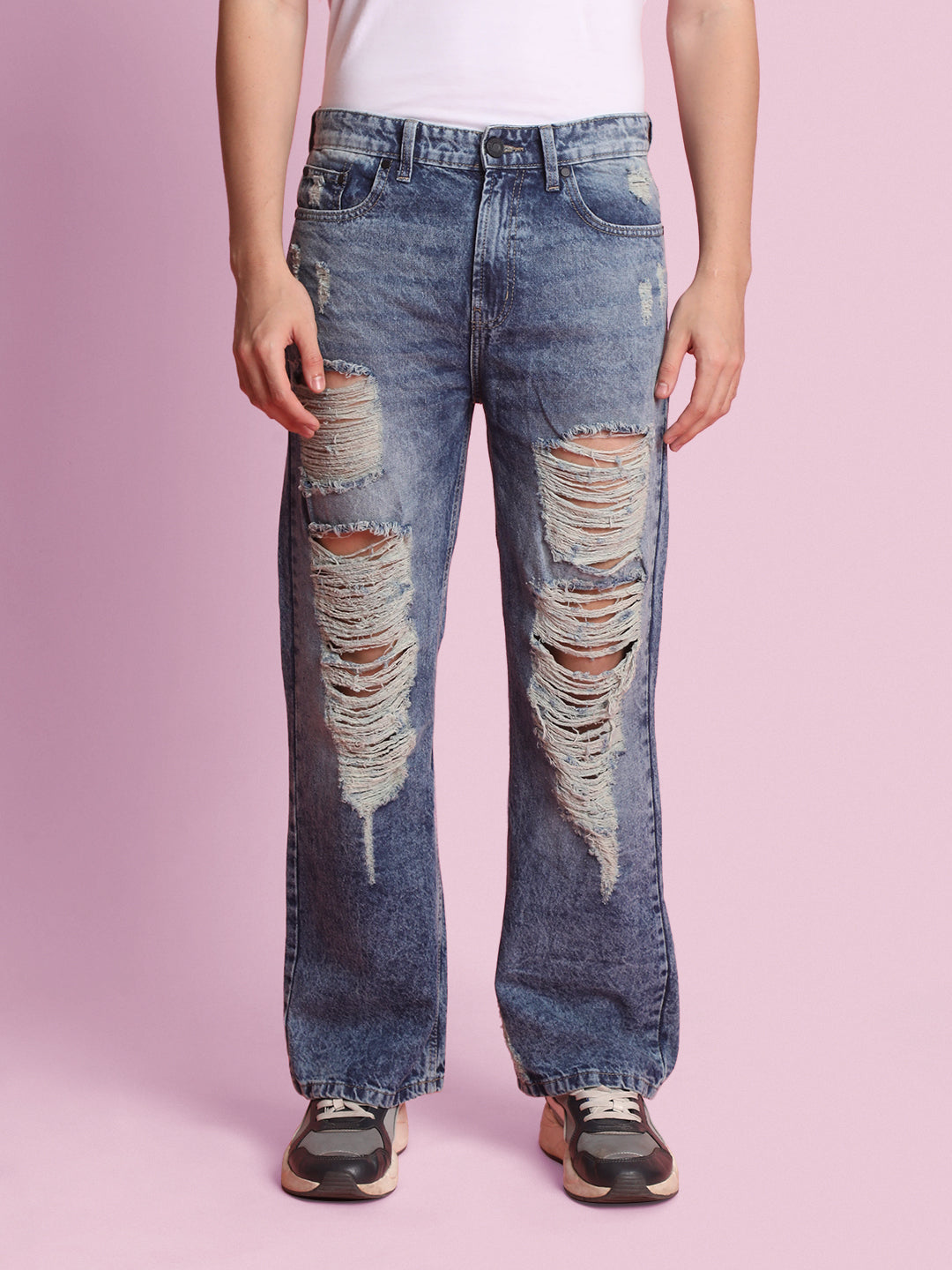 Men Highly Distressed Wide Leg Jeans