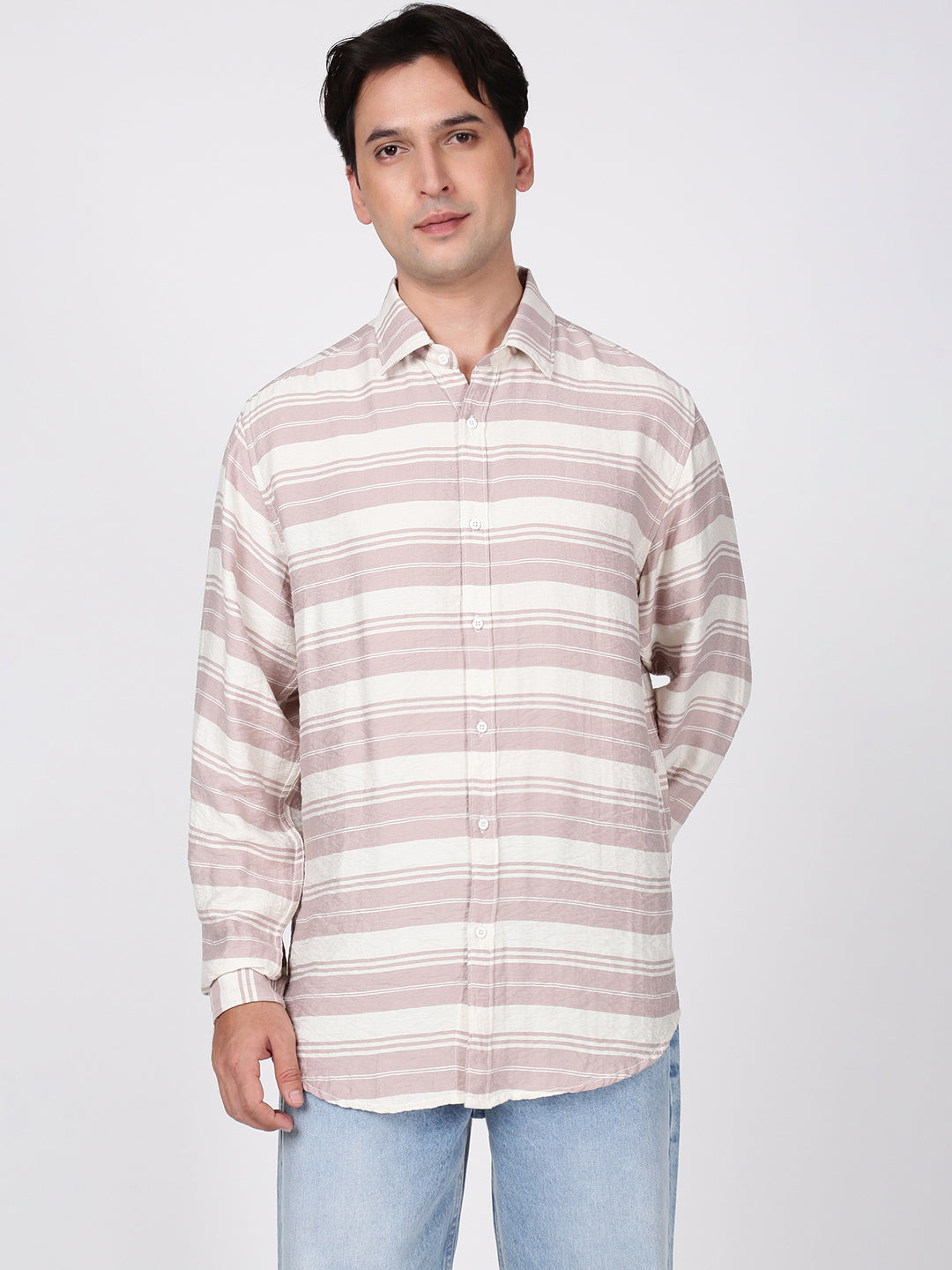 Men Peach and White Horizontal Striped Shirt