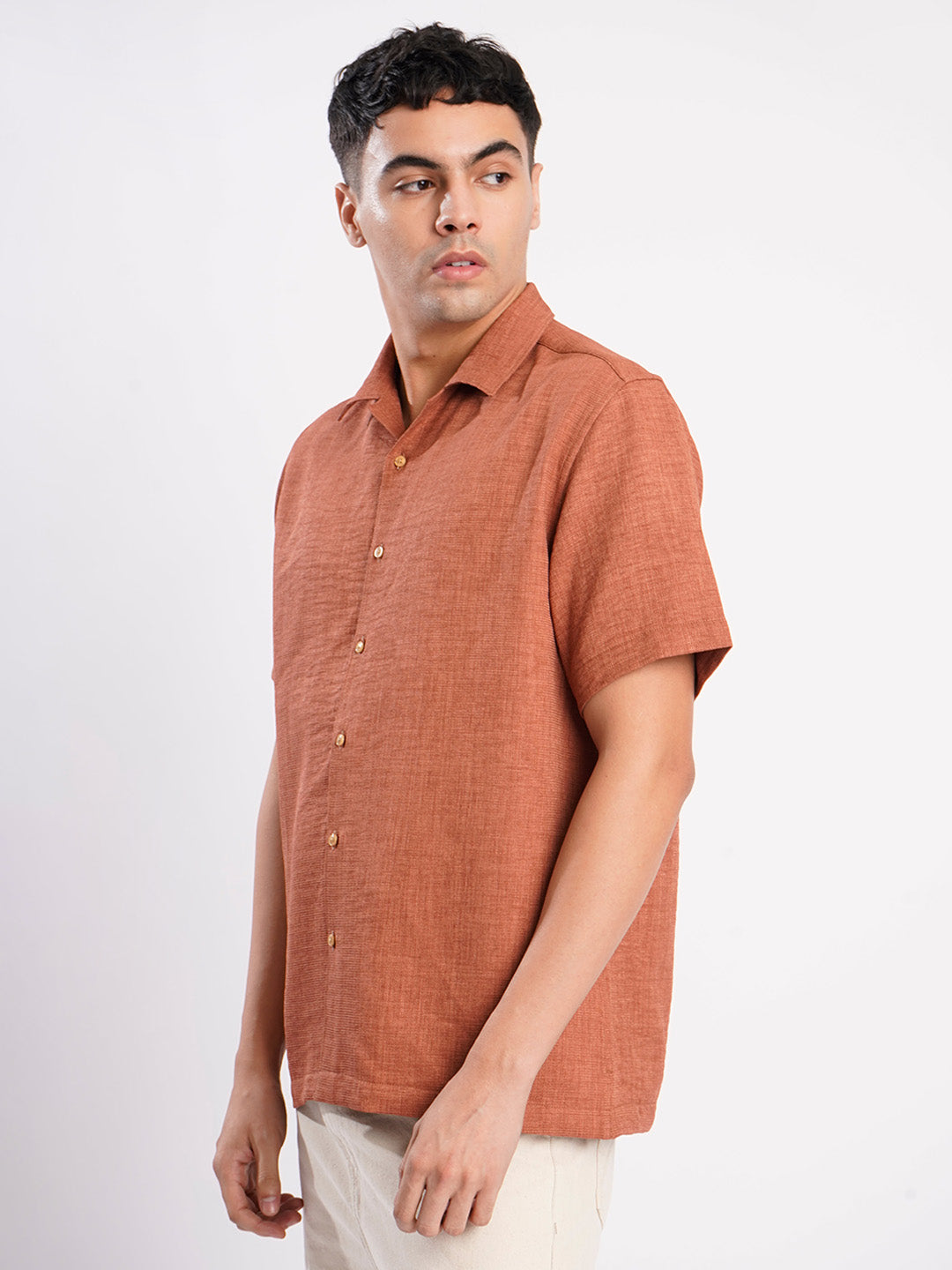 Men Rust Textured Resort Collar Shirt