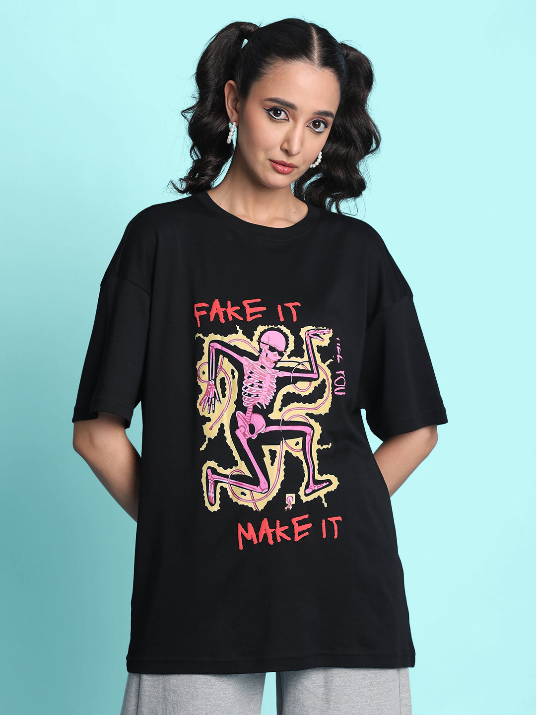 Gender Fluid Oversize Fit  Black Make It Till You Fake It Halloween T Shirt