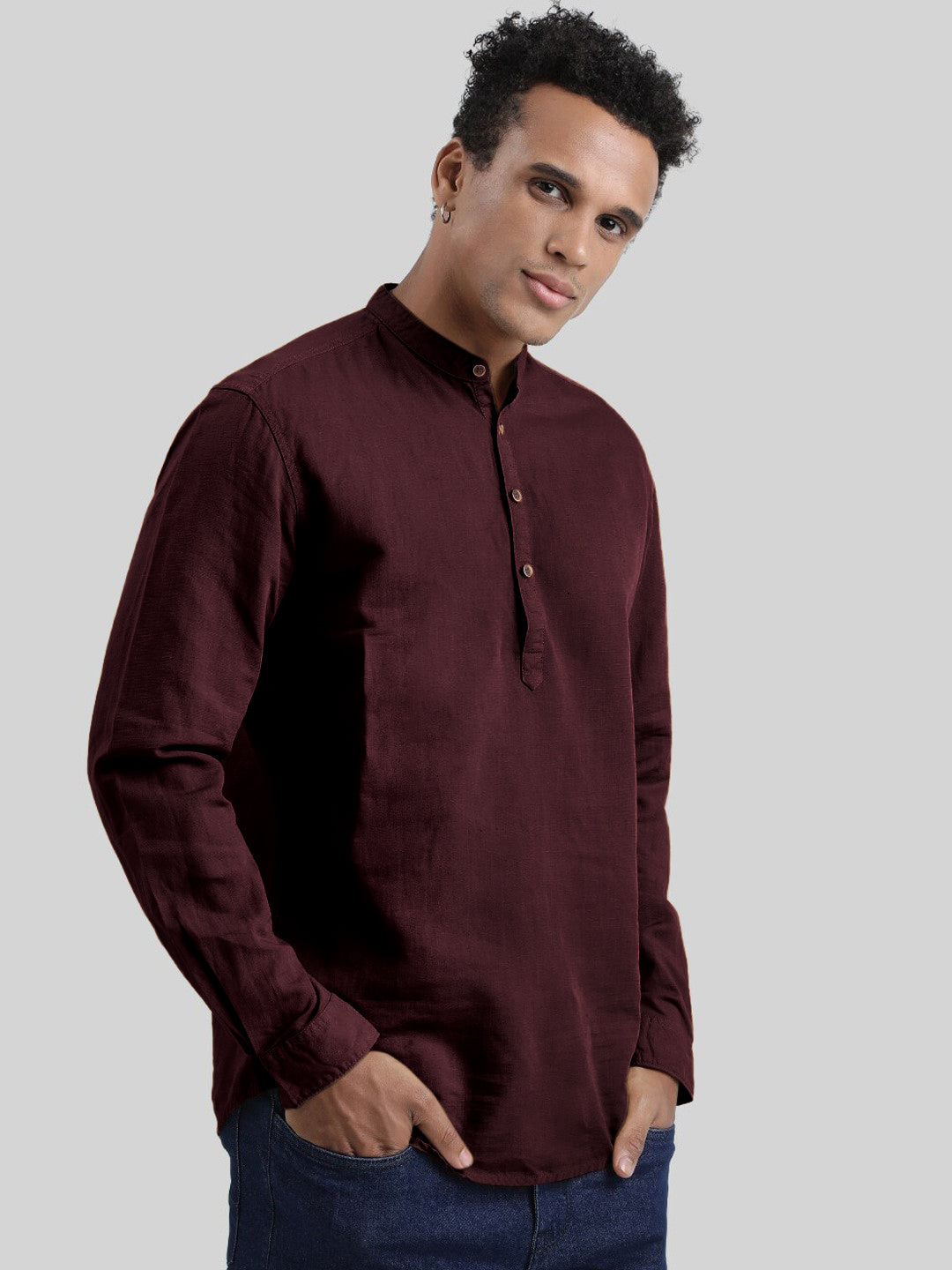 Men Burgundy Cotton-Linen Mandarin Collar Casual Kurta