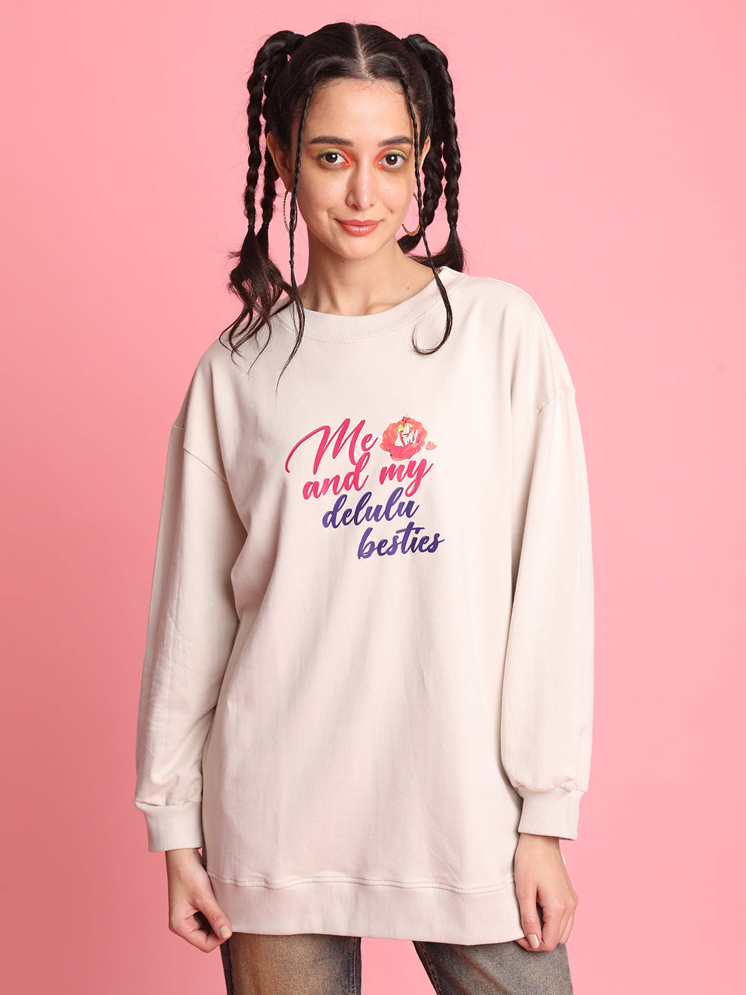 Women Cream Oversize Printed Sweatshirt