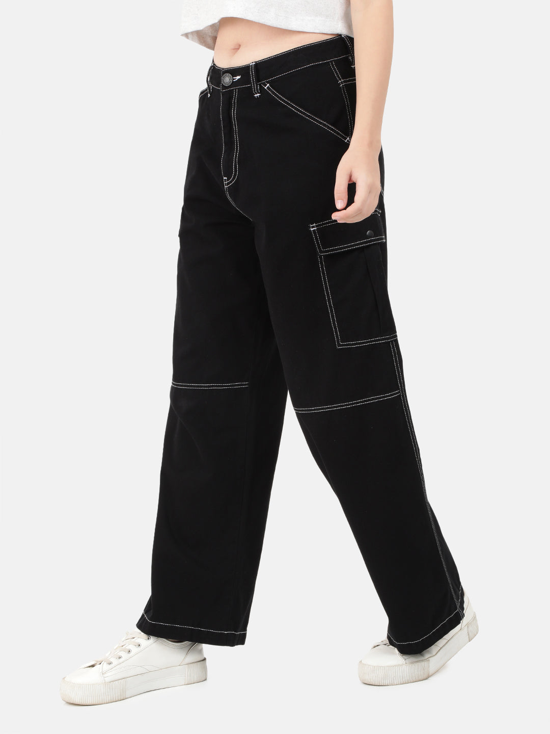 Women Black Overdyed Relaxed Fit Cargo Trousers with Contrast Stitch