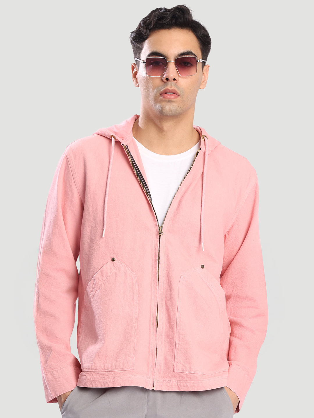 Men Pink hooded Denim Jacket