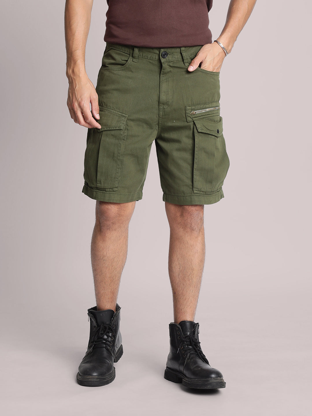 Men Olive Cargo Shorts- With Zip Detail