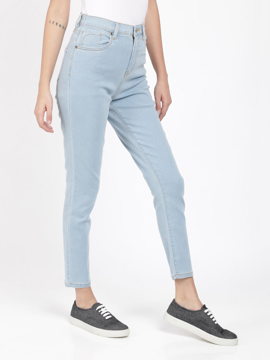 Women-Blue-Coloured-87% Cotton 13% Linen -Trousers