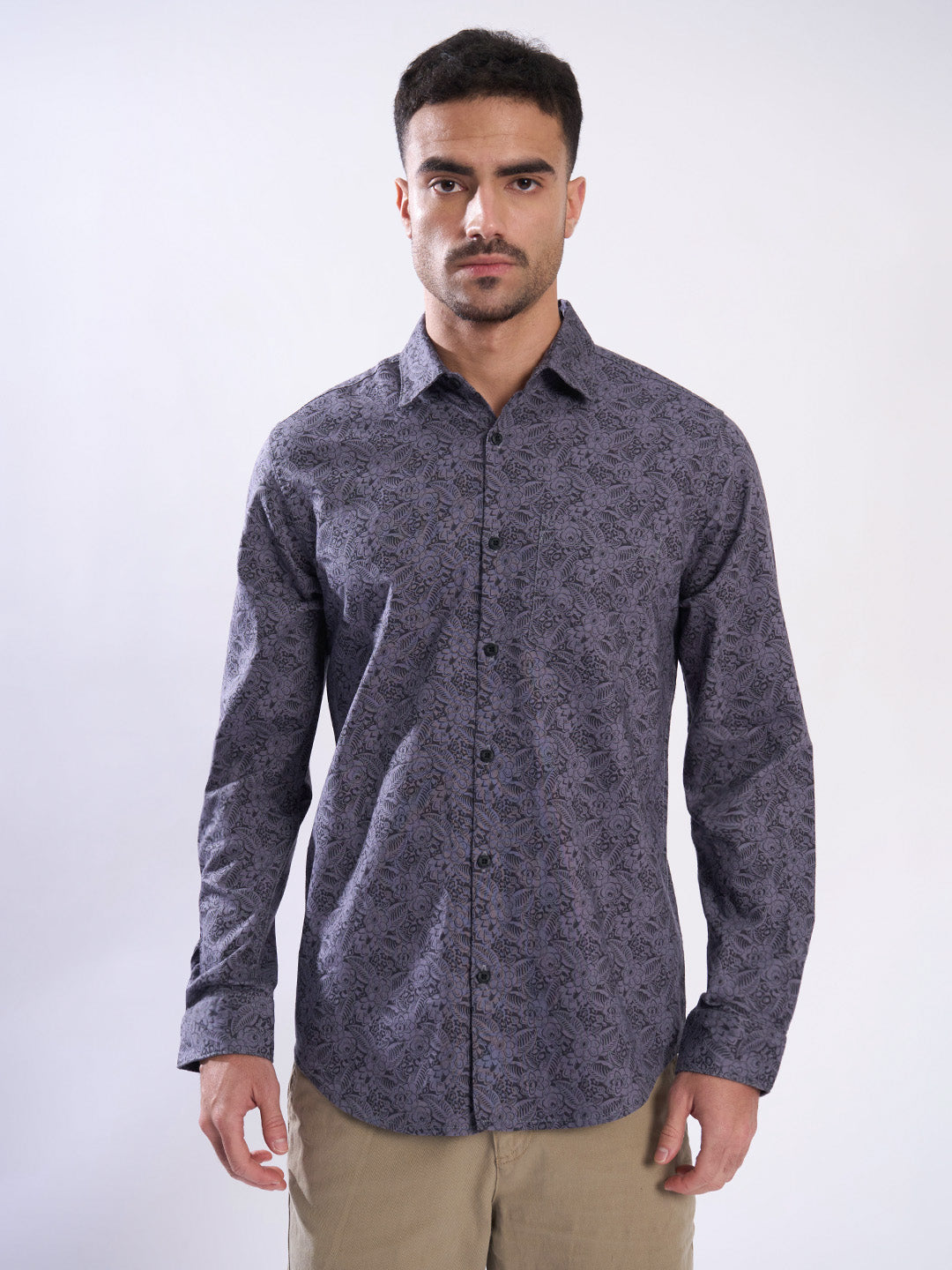 Men Purple Ditsy printed Single Pocket Shirt