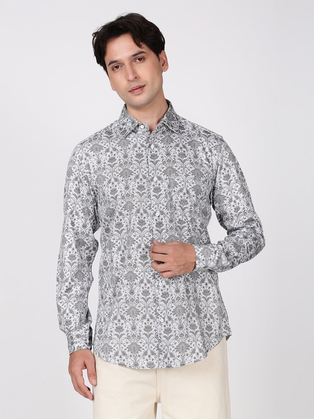 Men Grey Slim Fit Printed Single Pocket Shirt