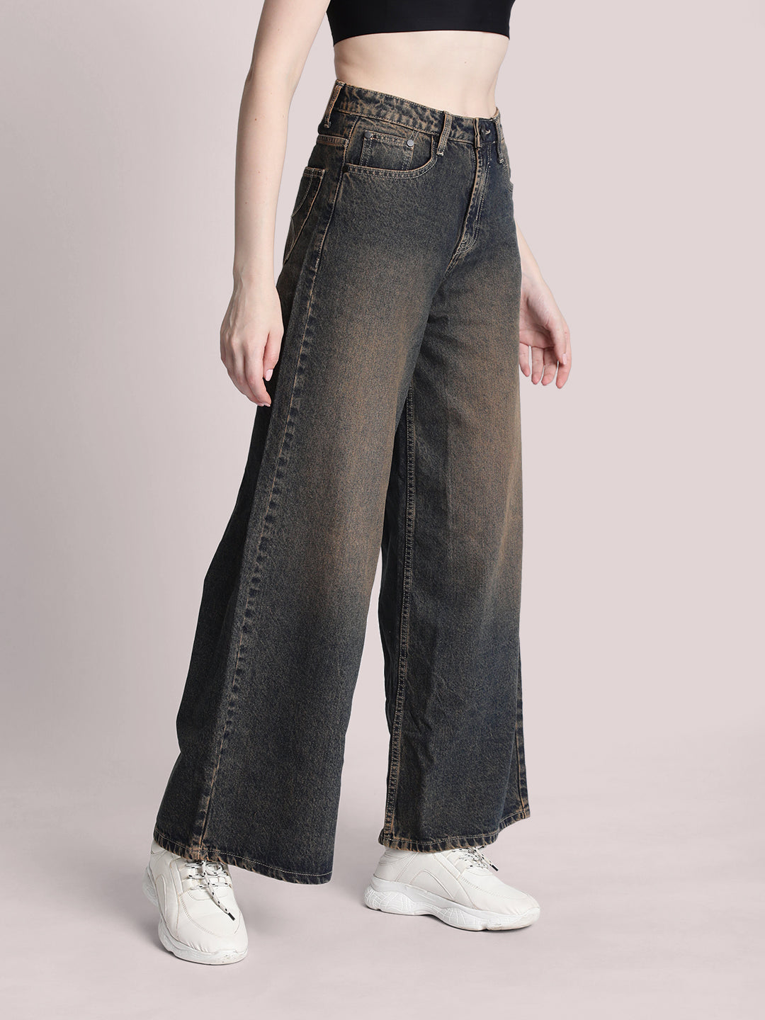 Women Rust Blue Tinted Wide-Leg Jeans