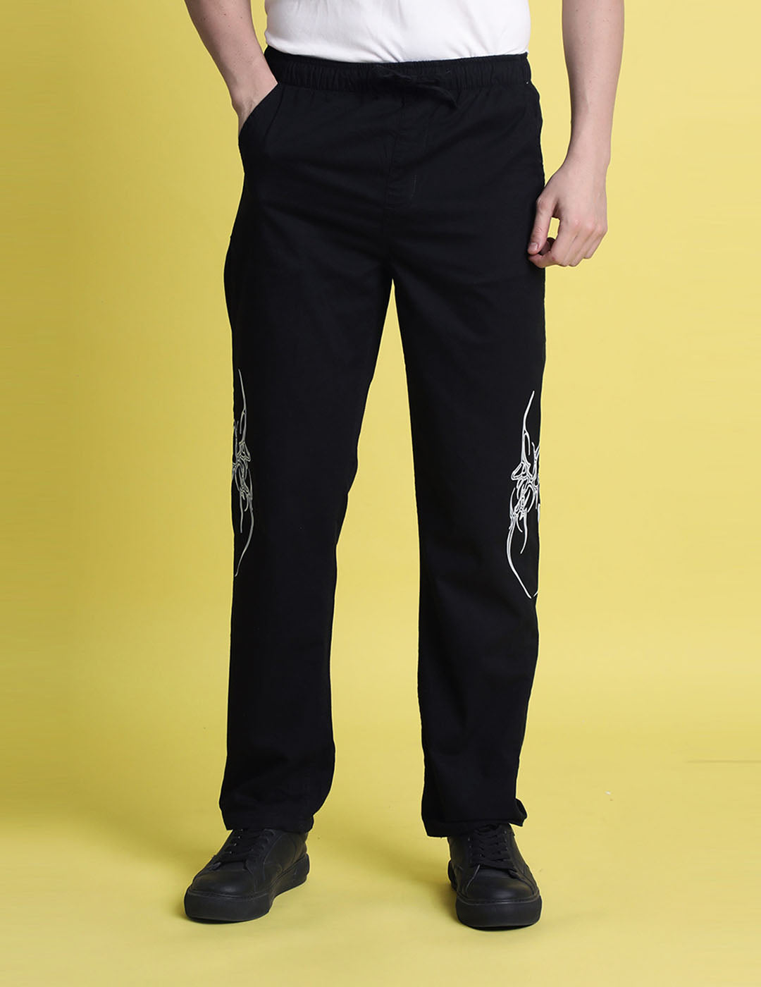 Gender Fluid Black Straight Fit Slipon Trousers With Print