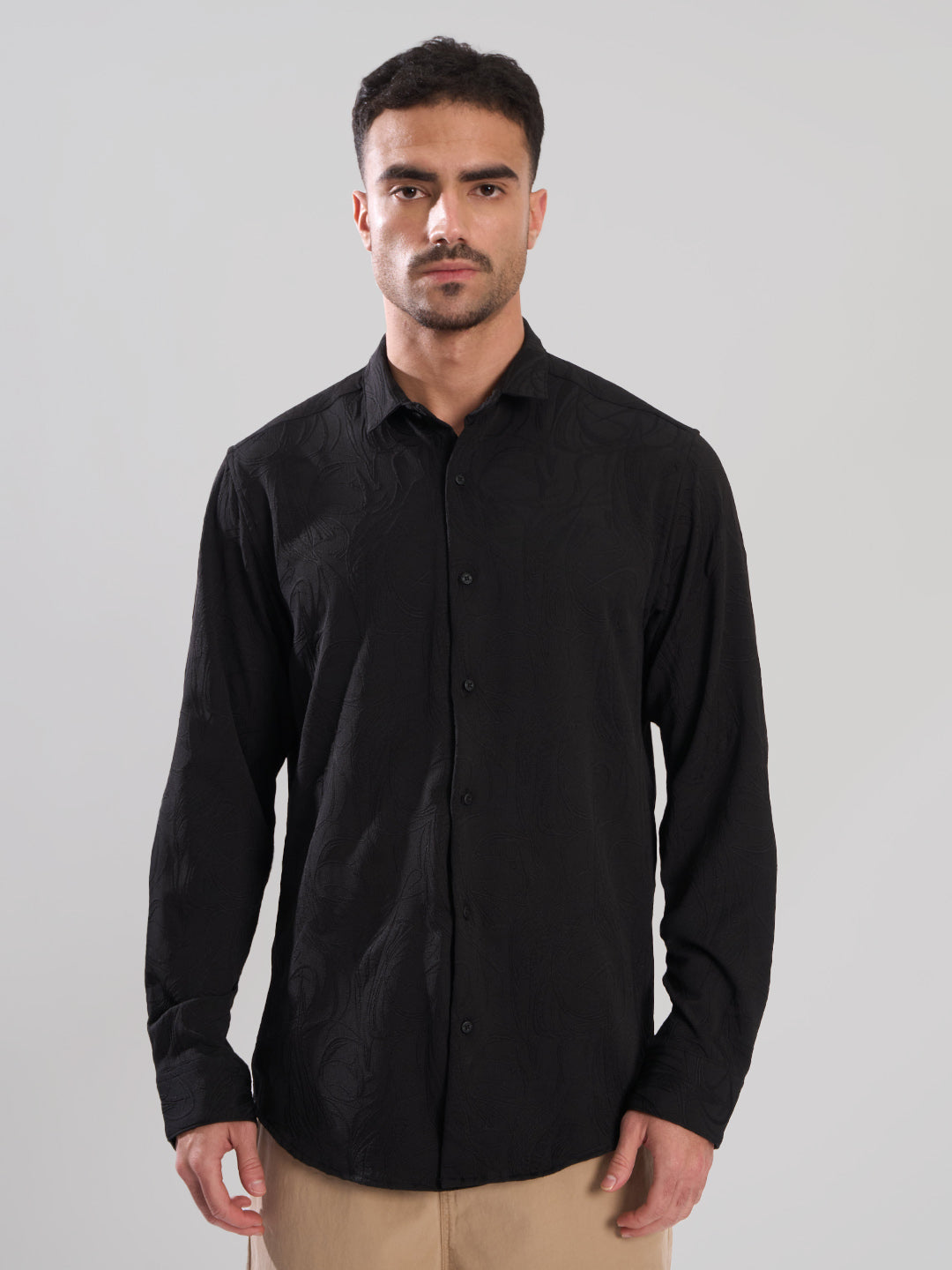 Men Black Textured Regular Fit Shirt