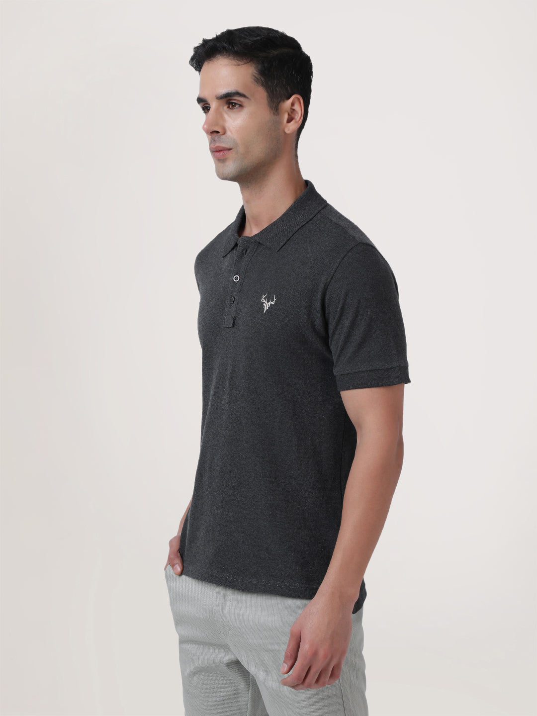 Men Charcoal Grey Regular Fit Polo T-Shirt with Chest Embroidery