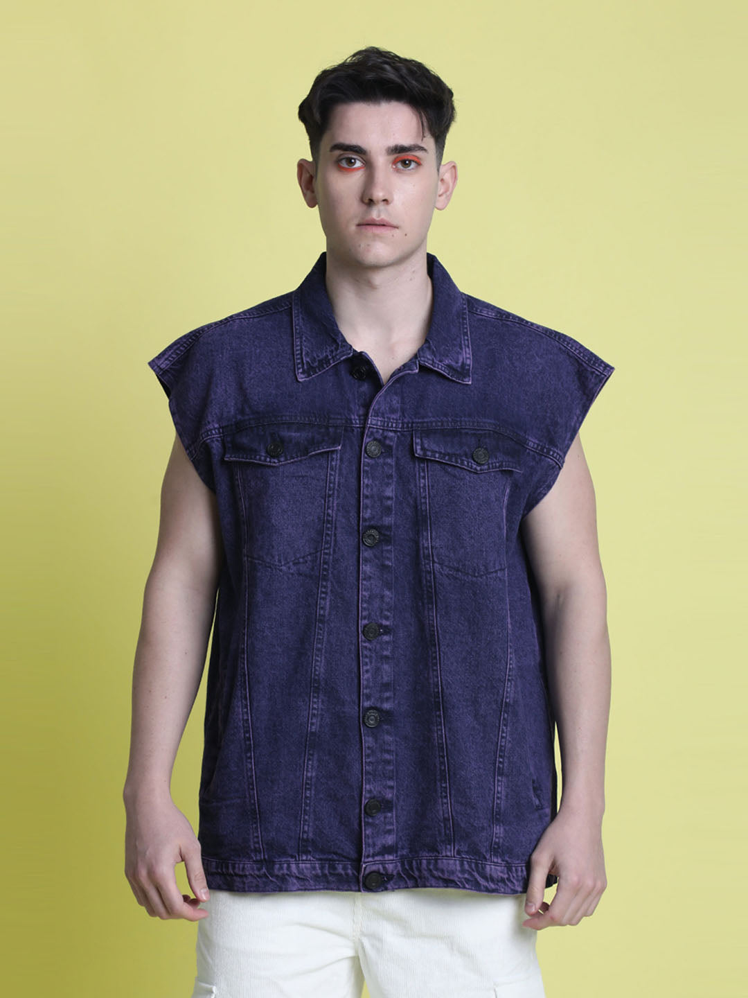 Men Purple Tinted Sleeveless Washed Denim Jacket