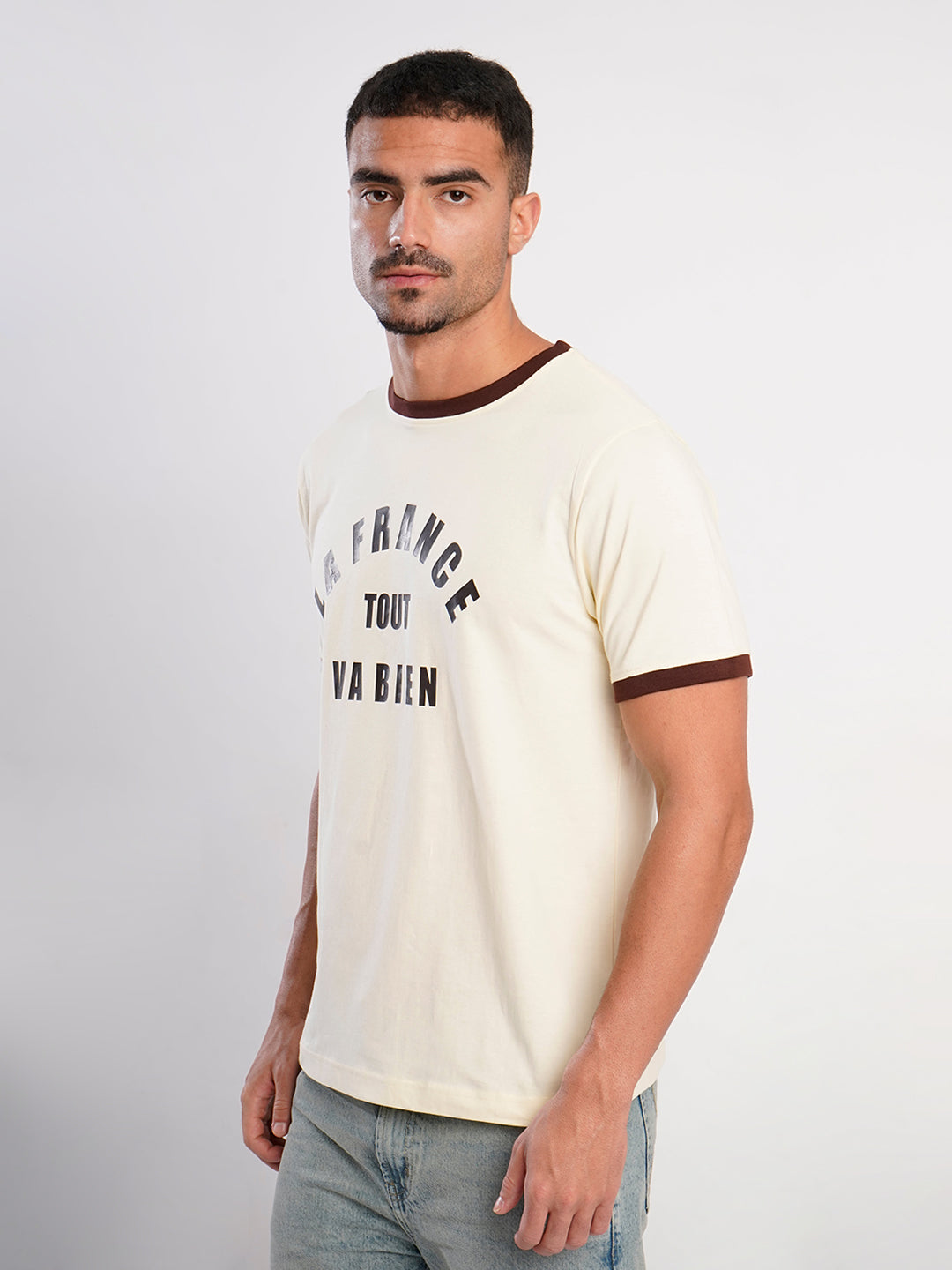 Men Beige Typography Print T Shirt