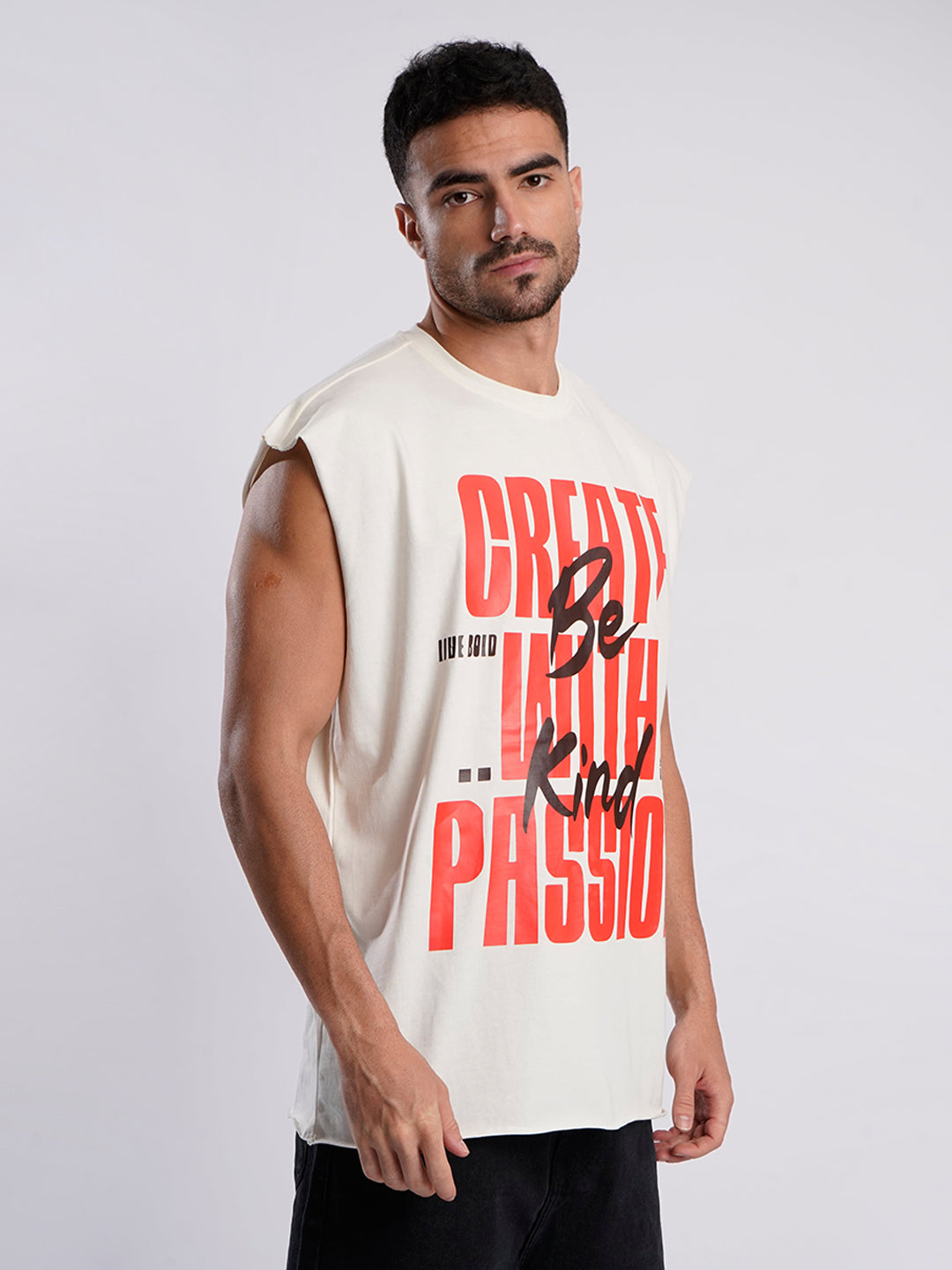 Men Beige Sleeveless Typography Print Oversized T Shirt