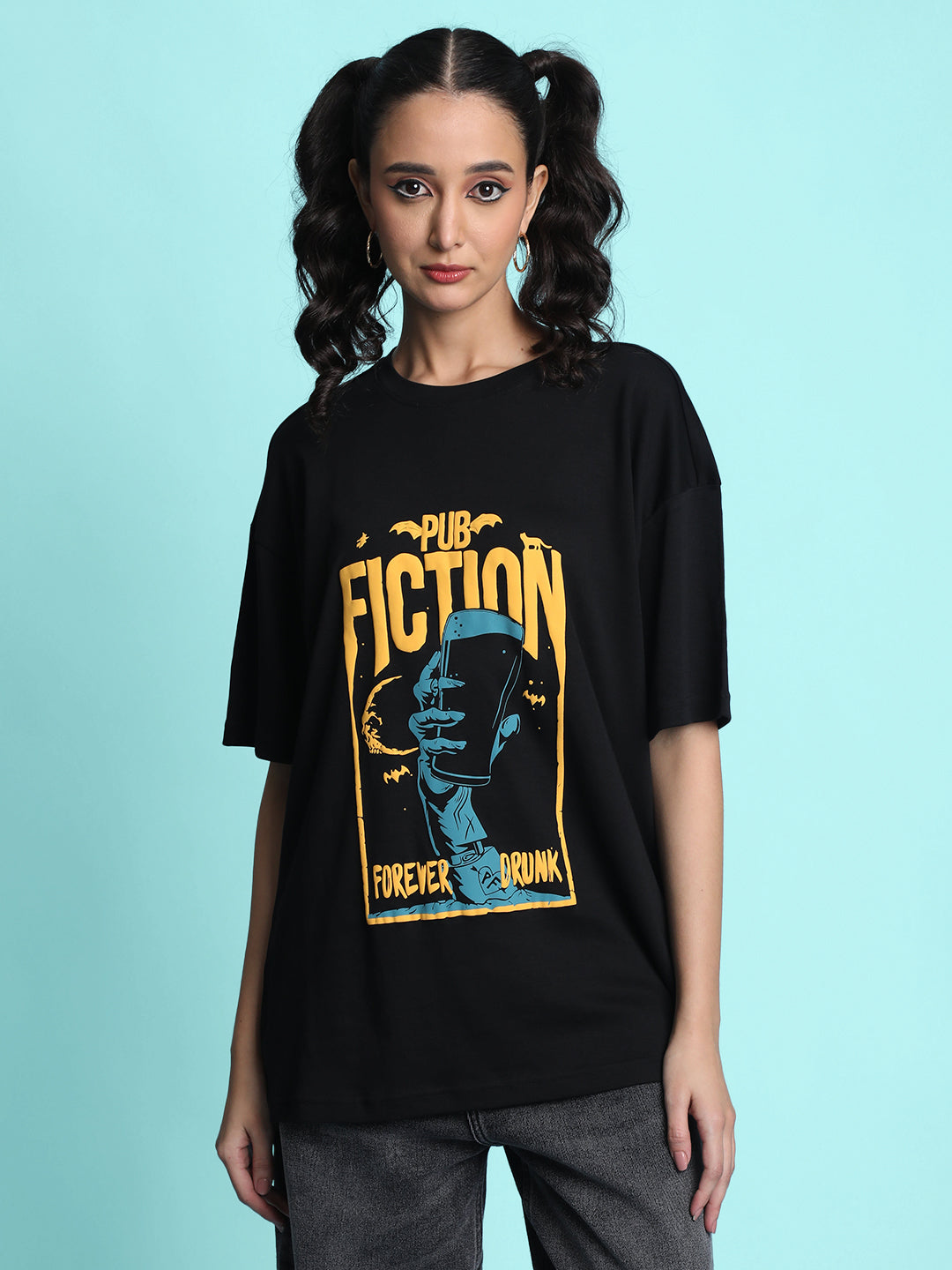 Gender Fluid Oversize Fit  Black Pub Fiction Puff Print T Shirt