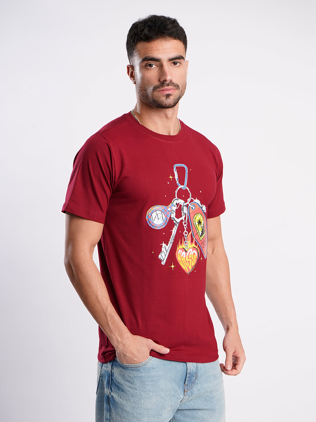 Men Maroon Cotton Lycra Graphic Print T Shirt