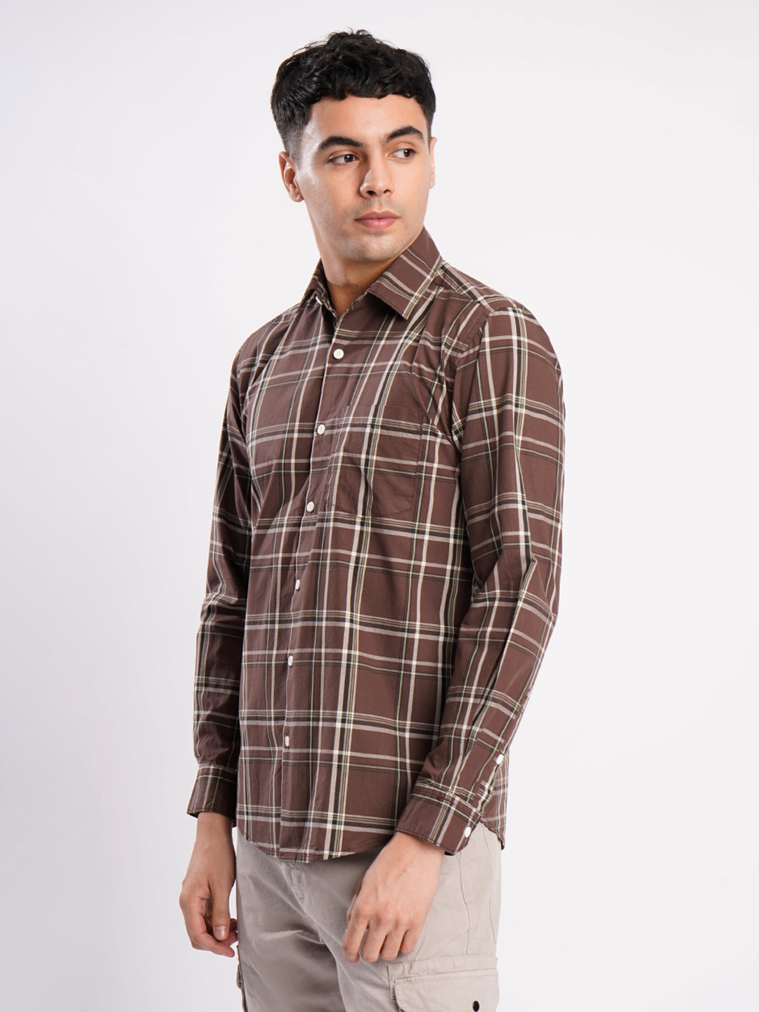 Men Brown Checked Single Pocket Shirt
