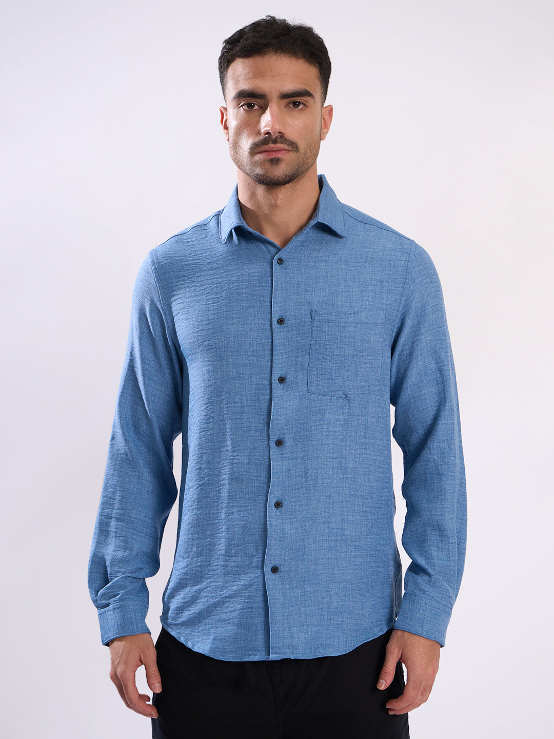 Men Blue Single Pocket Casual Shirt