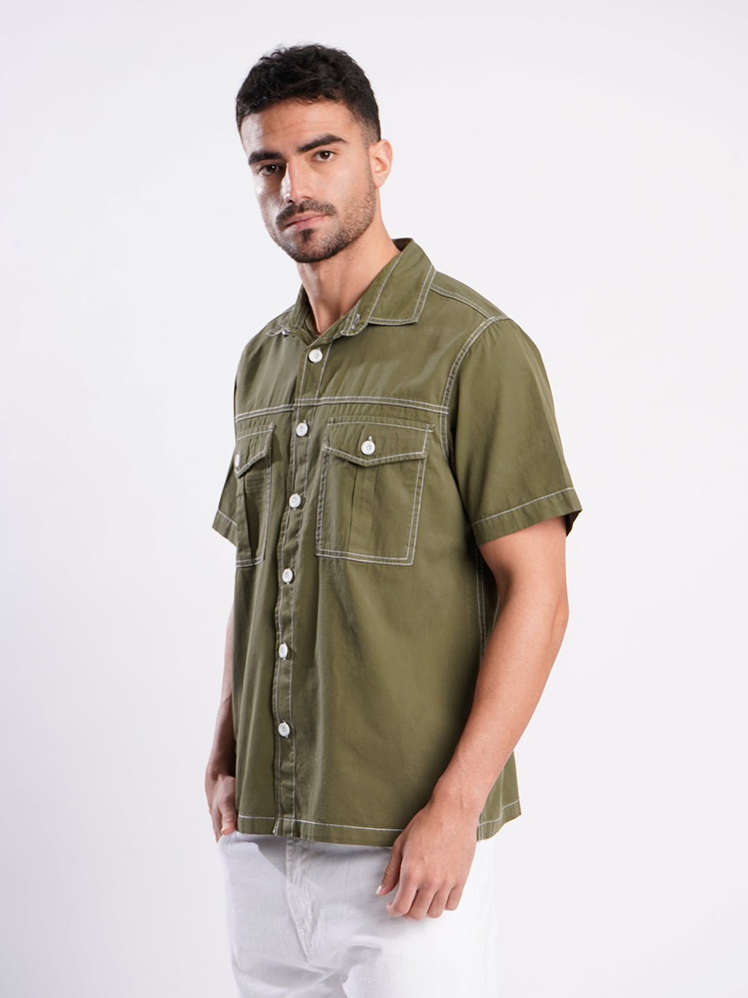 Men Olive Contrast Stitch Relax Fit Casual Shirt