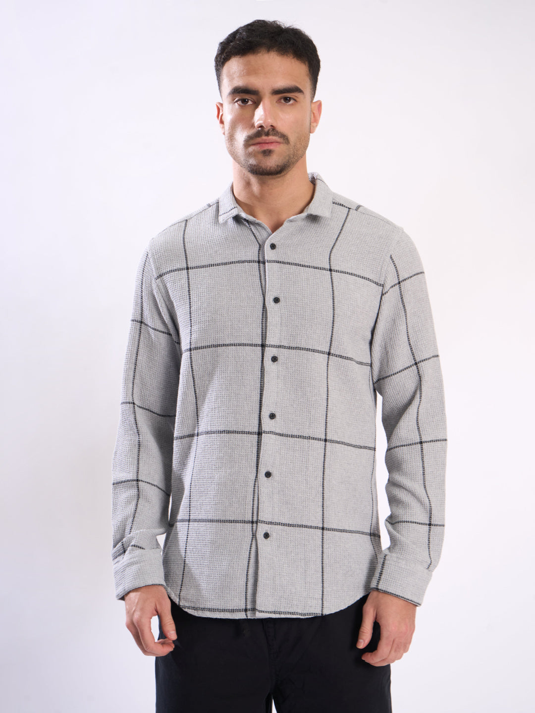 Men Grey Checked Waffle Texture Shirt