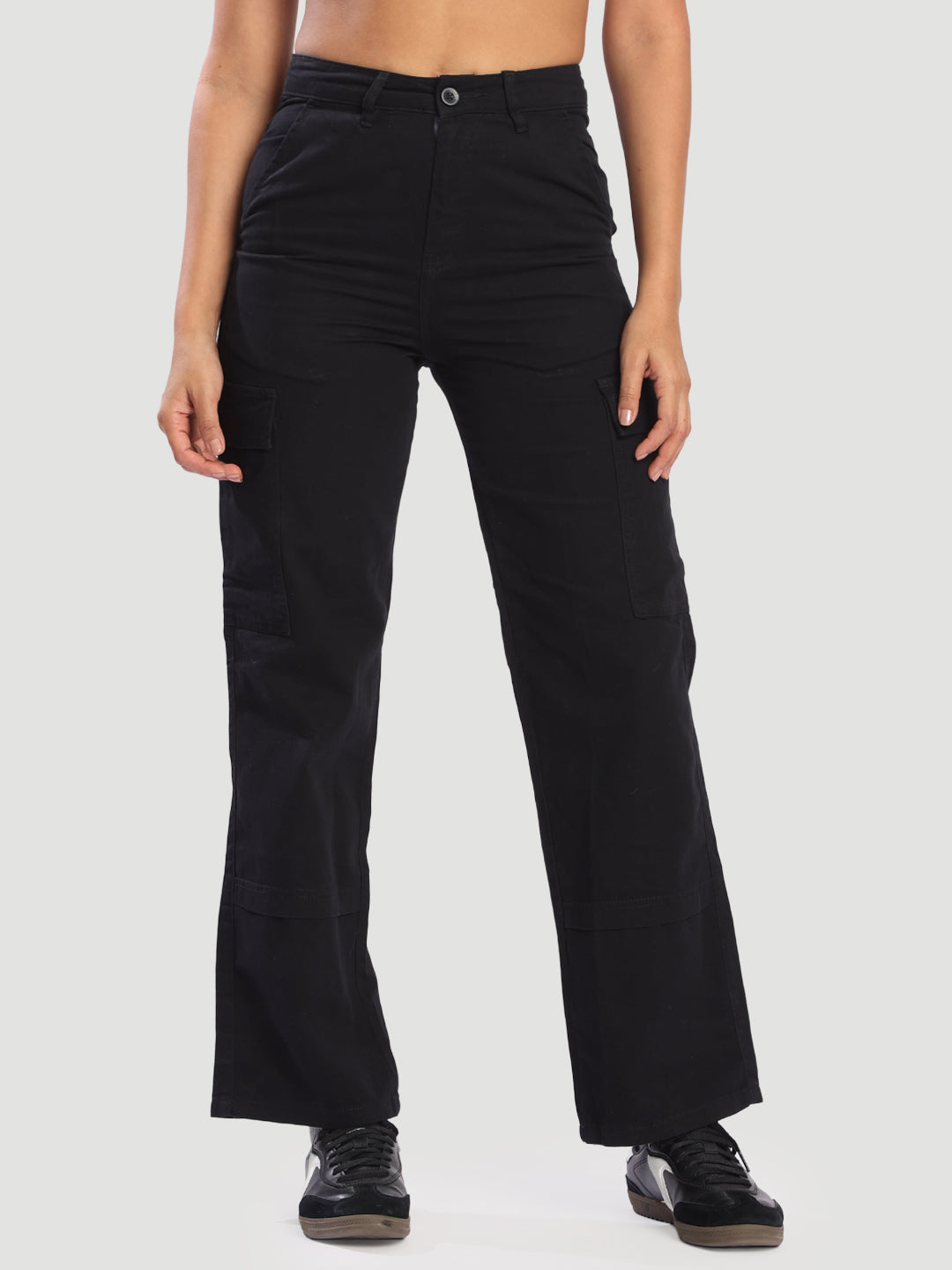 Women Black Straight Fit Pure Cotton Cargo Trousers