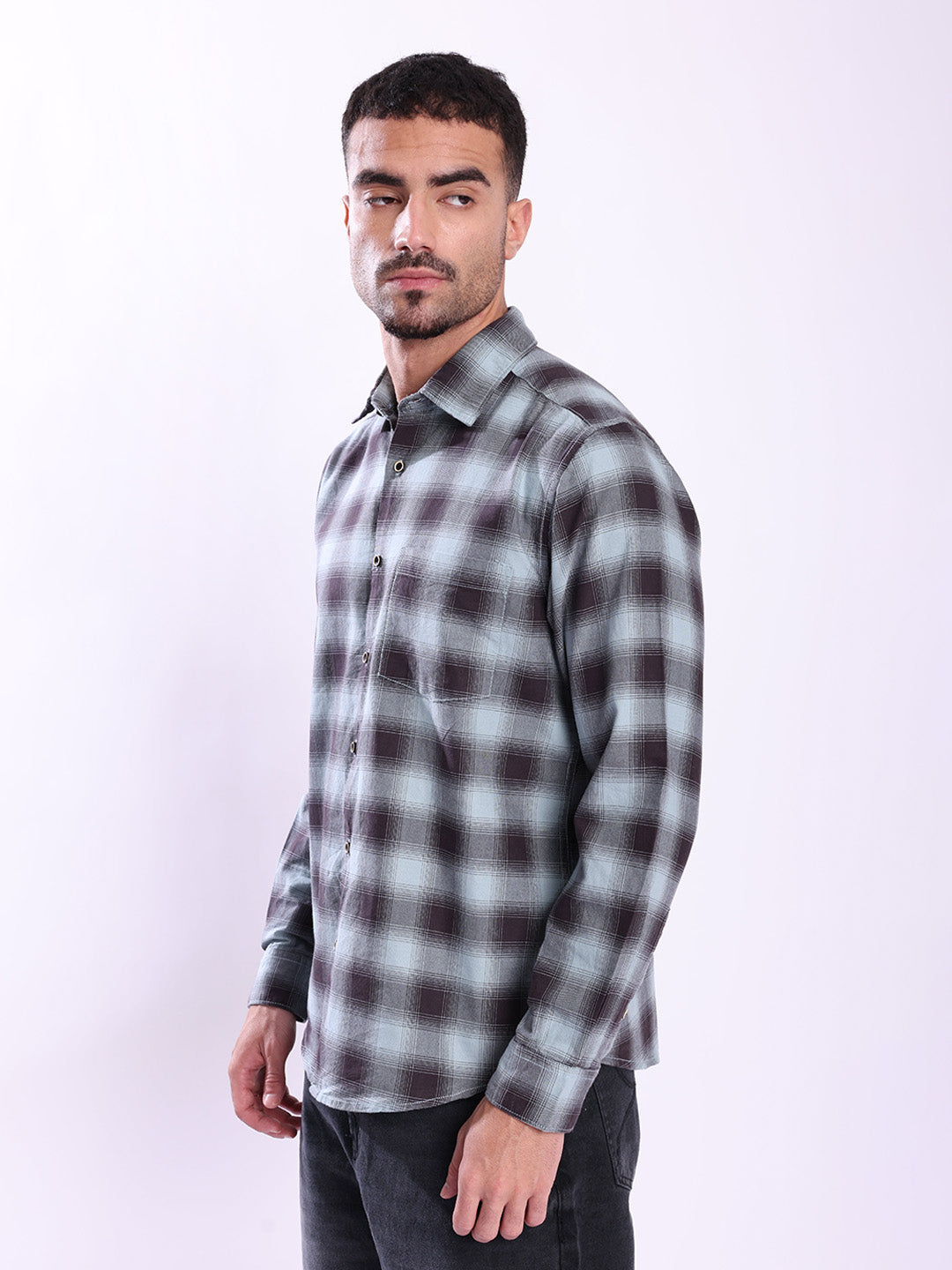 Men Blue and Black Checked Single Pocket Shirt