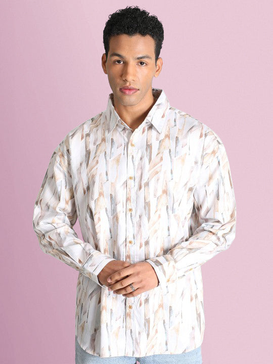 Men White/Beige Regular fit Printed Casual Shirt