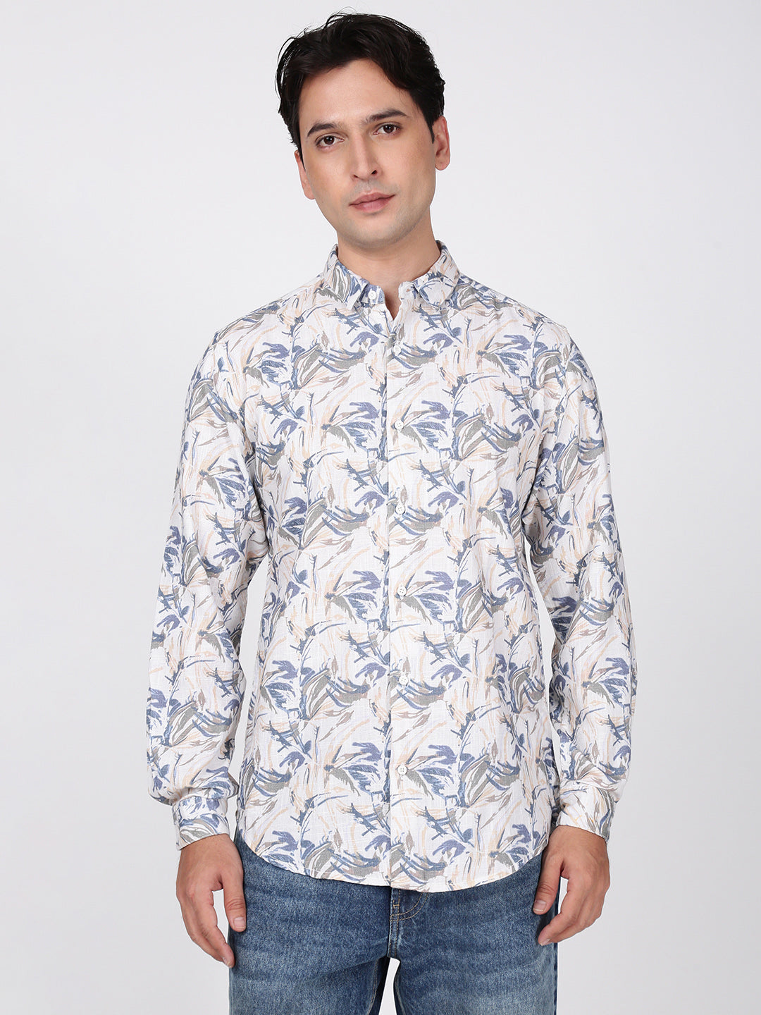 Men Beige and Blue Floral Printed Slub TextureShirt