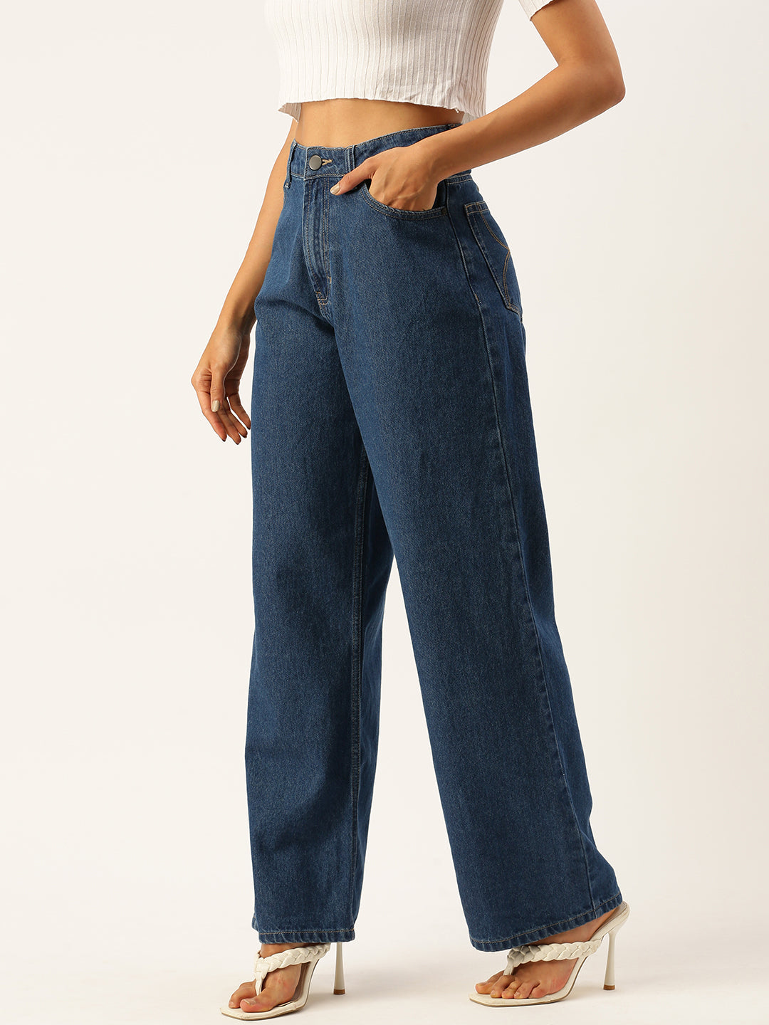 Women Medium Blue Relaxed Fit Solid Jeans