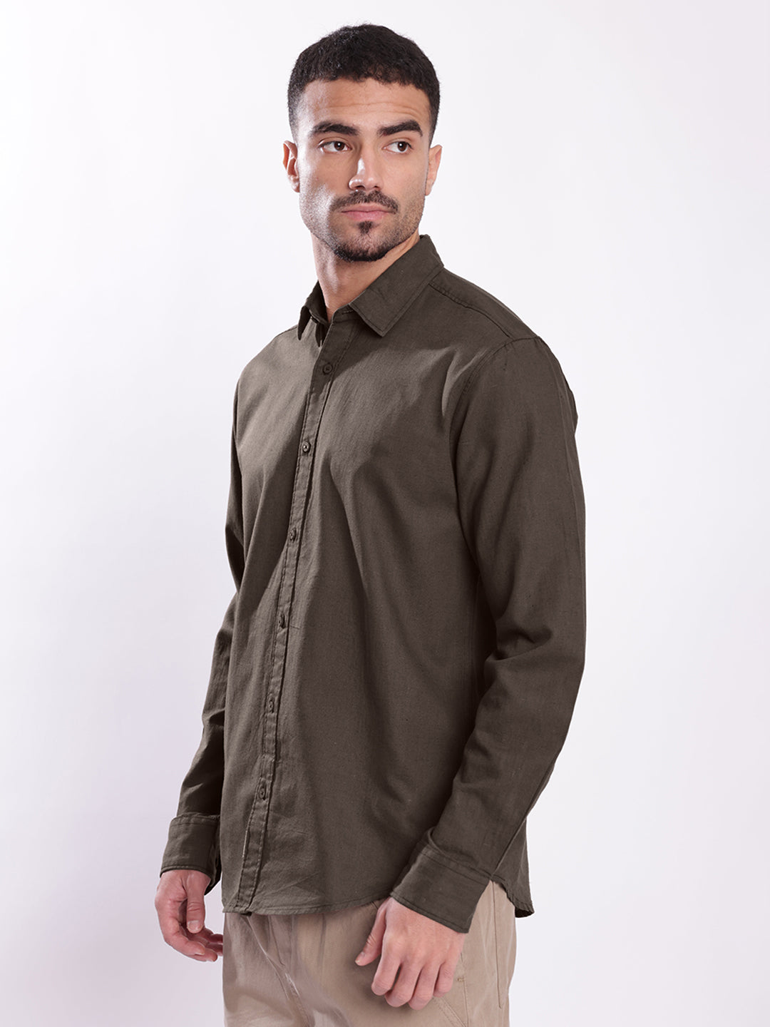Men Brown Cotton linen Spread collar Shirt