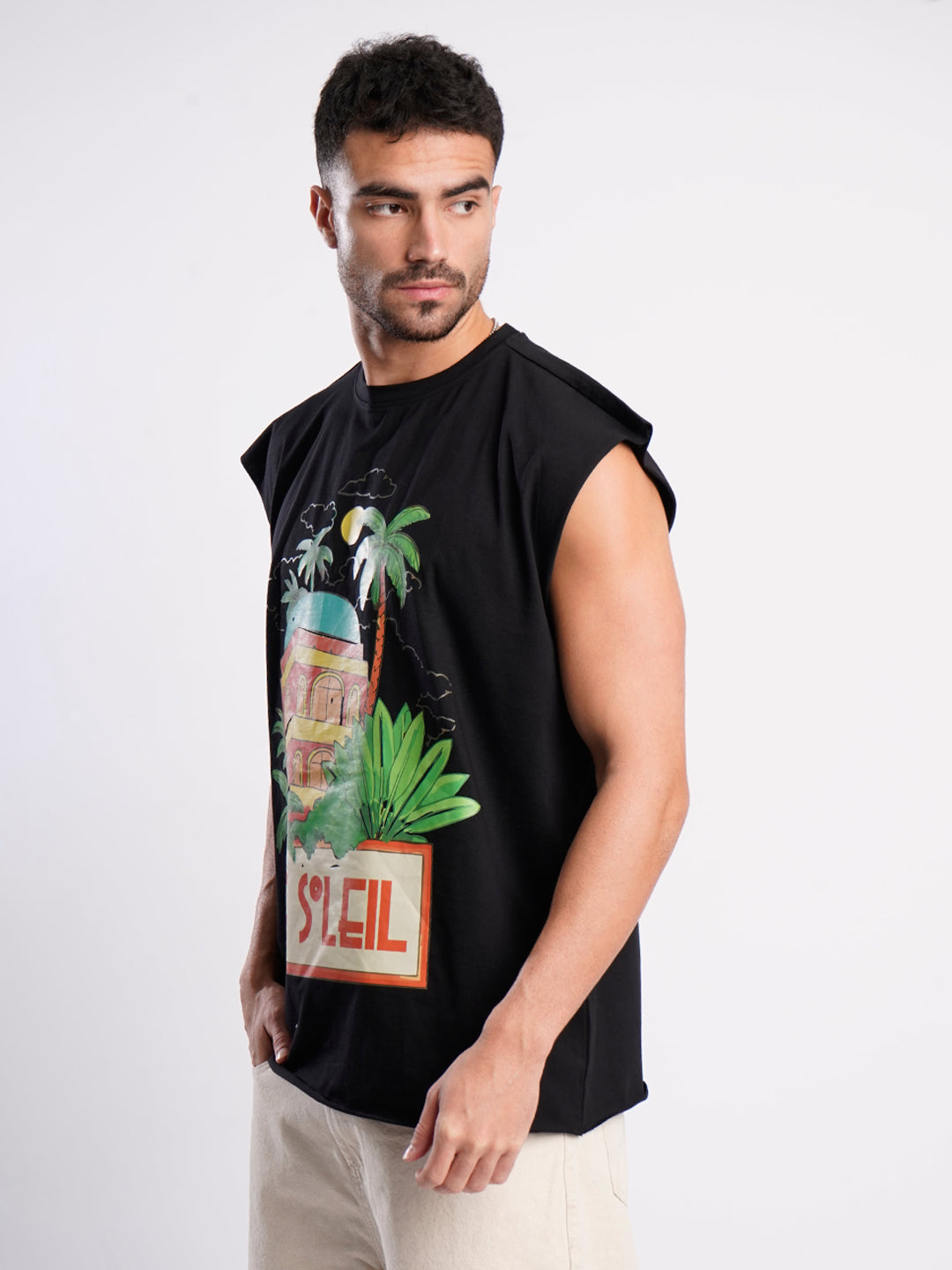Men Black Sleeveless Graphic Oversized T Shirt