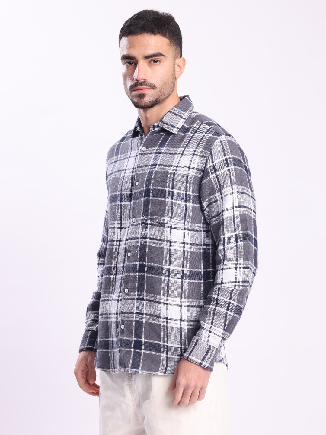 Men Grey Checked Single Pocket Shirt