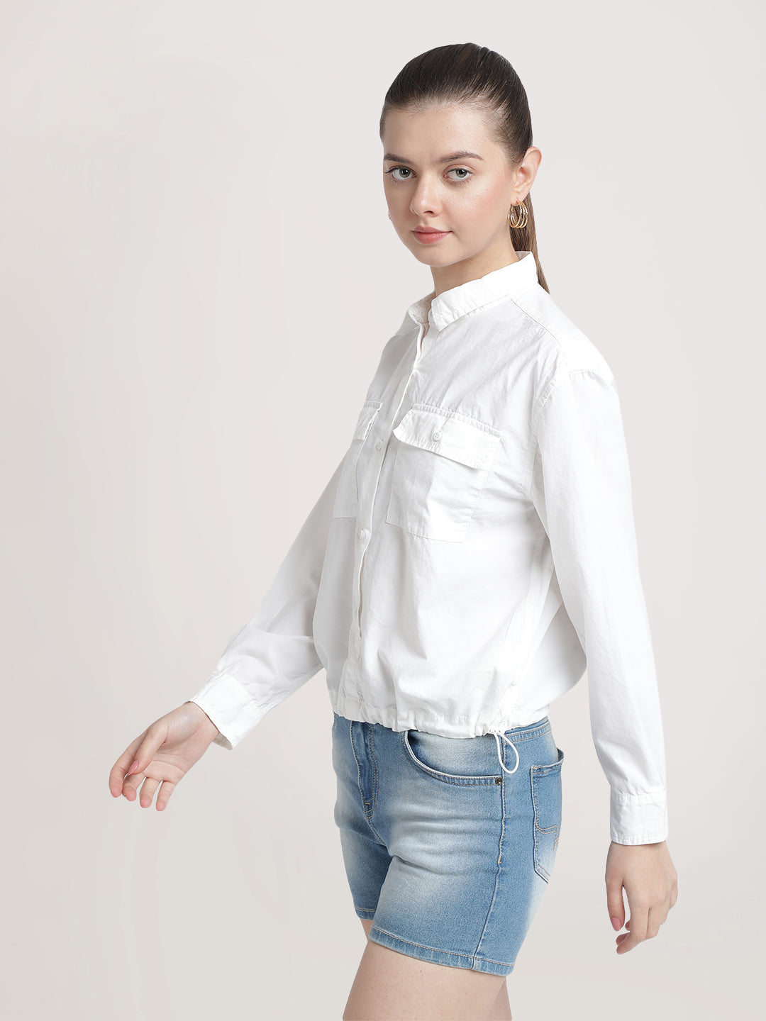 Women Boxy Over Dyed Solid Cotton Shirt  with elasticated bottom hem