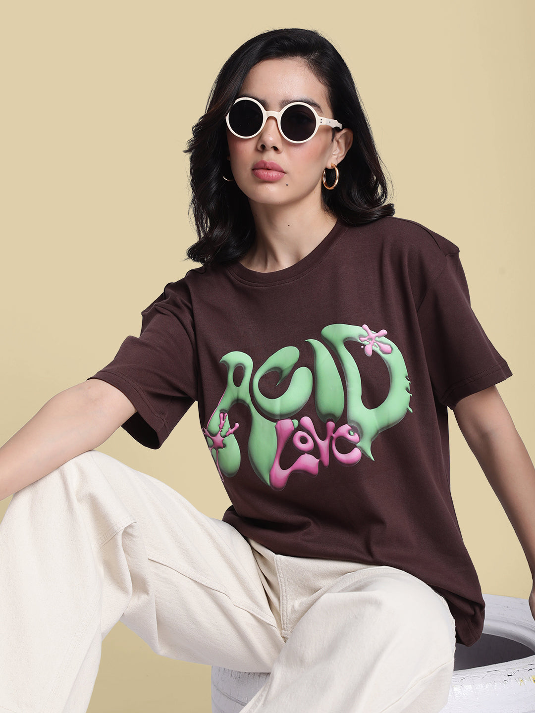 Women Brown 'Acid Love' Typography Oversize Tshirt