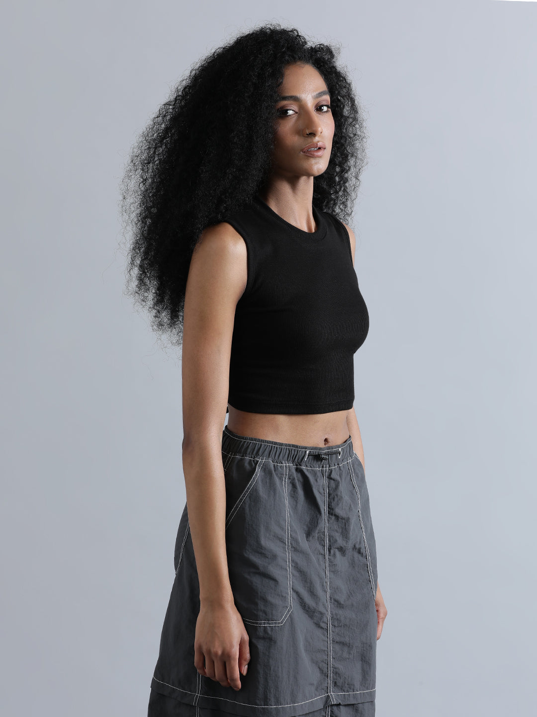 Women High Neck Ribbed Fitted Crop Top