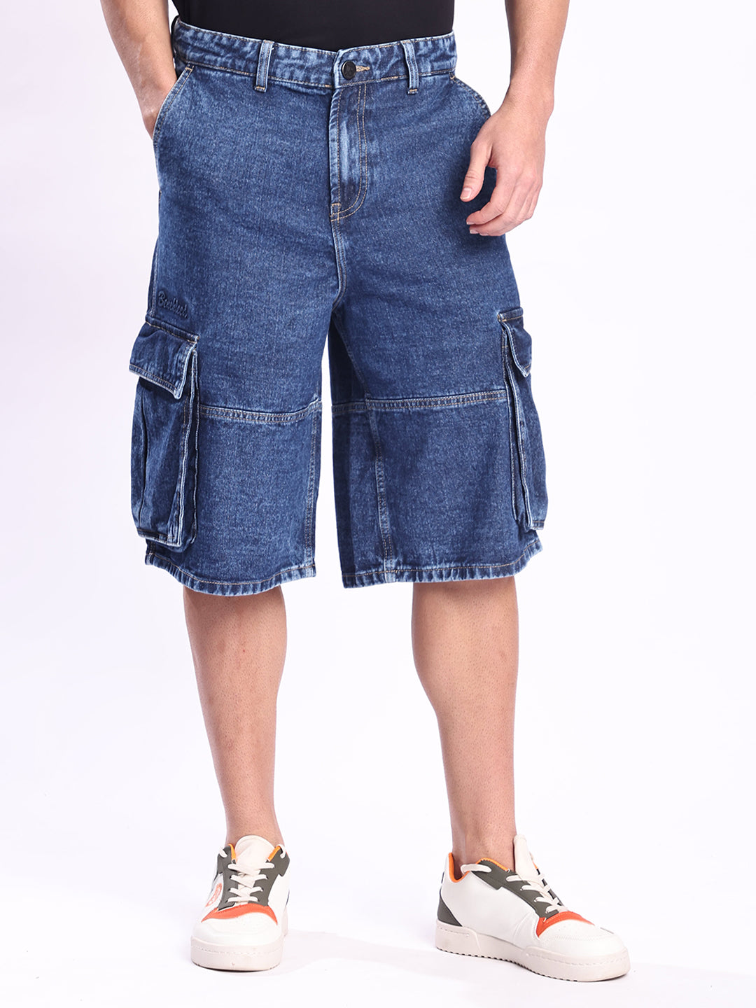Men Blue Baggy Fit Cargo Shorts