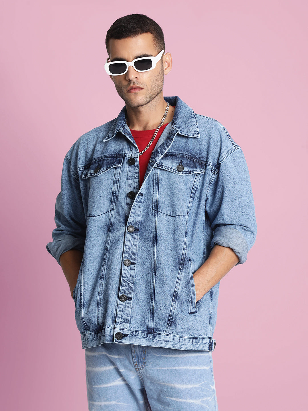 Men Blue Detachable Back Print Panel Denim Jacket