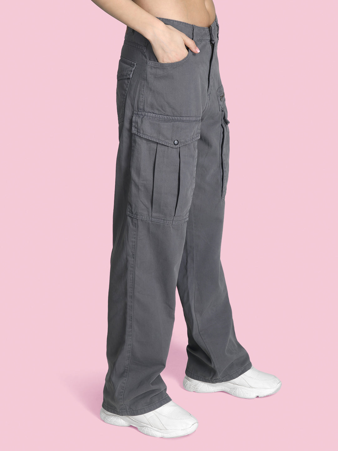 Women Iron Grey Straignt Fit Solid Cargo Trousers with Zipper Detail