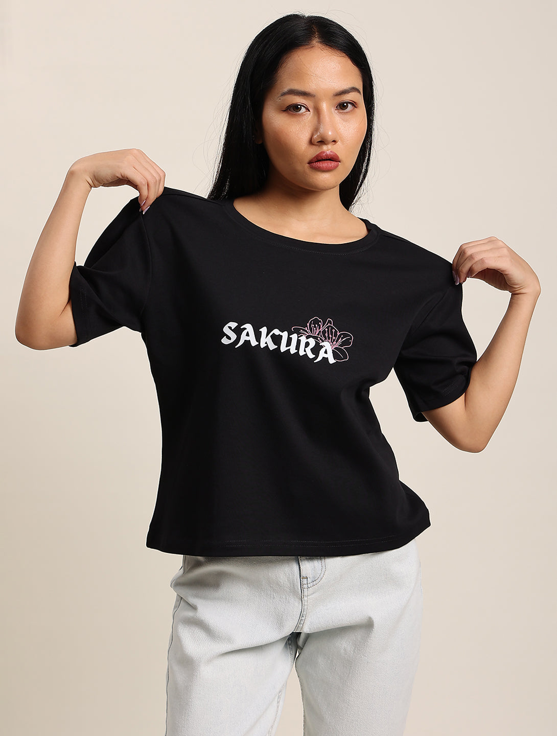 Women Sakura Graphic Print Boxy Crop T-shirt