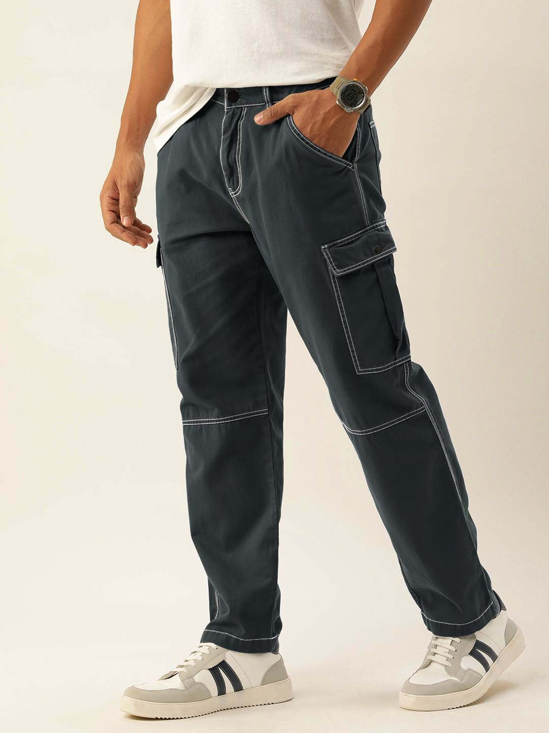 Men Dark Grey Overdyed Relaxed Fit Solid Cargo Trouser with Contrast Stitch