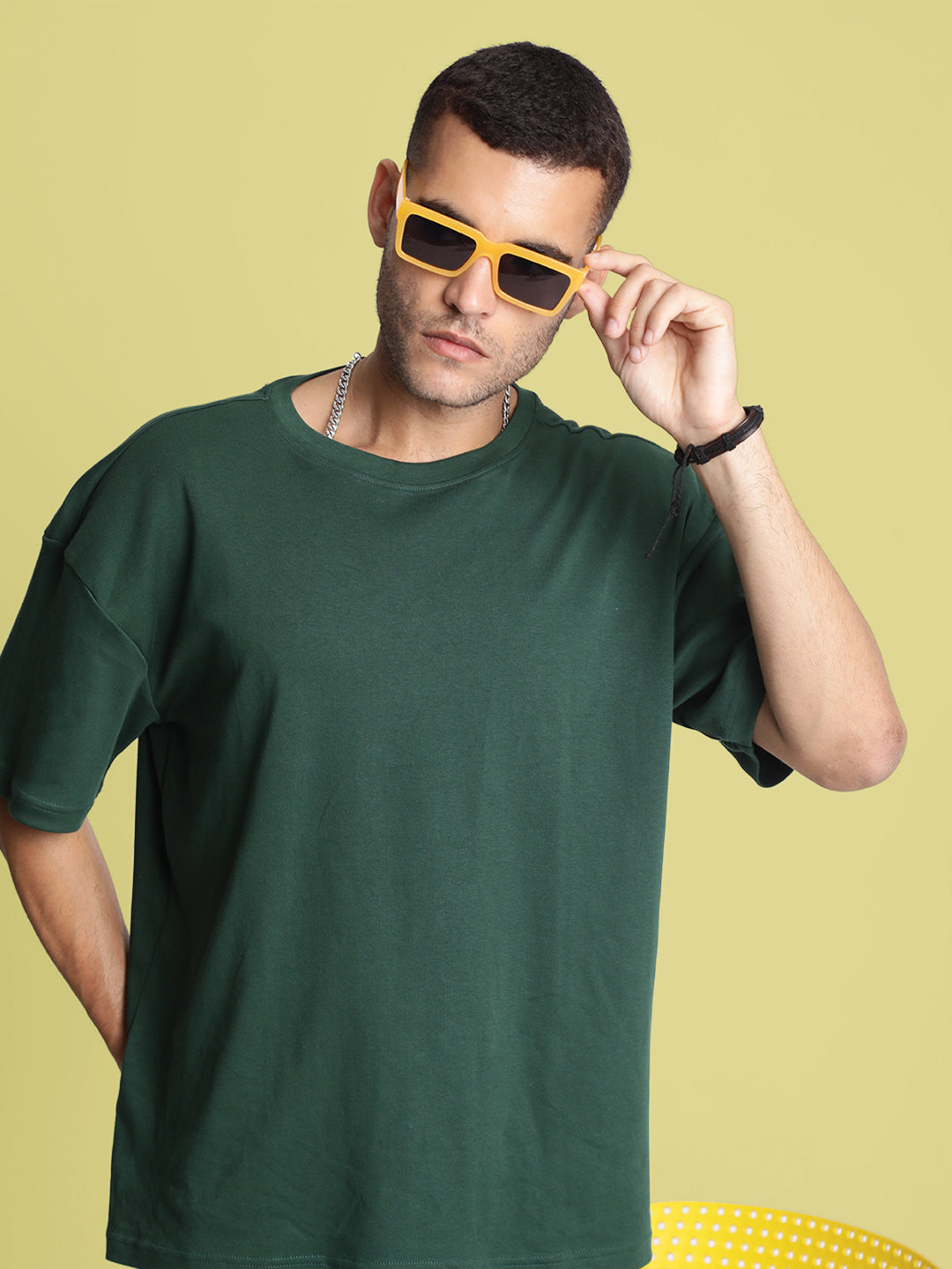 Men Dark Green Solid Oversized T-Shirt