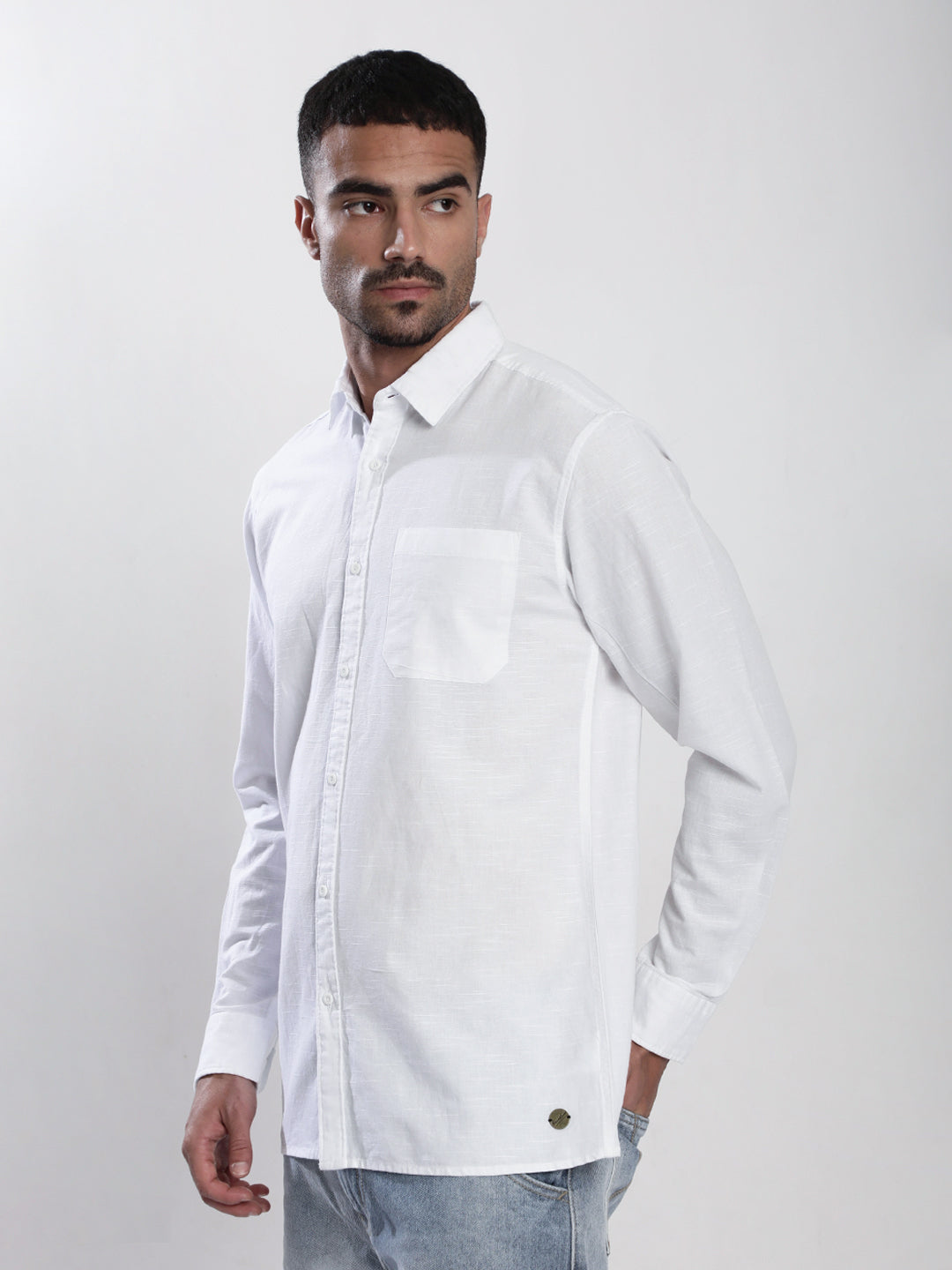 Men White Cotton linen Single Pocket Shirt