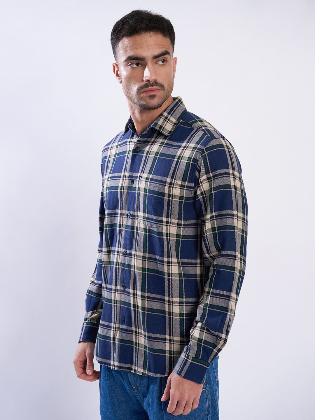 Men Blue and Beige Checked SIngle Pocket Shirt