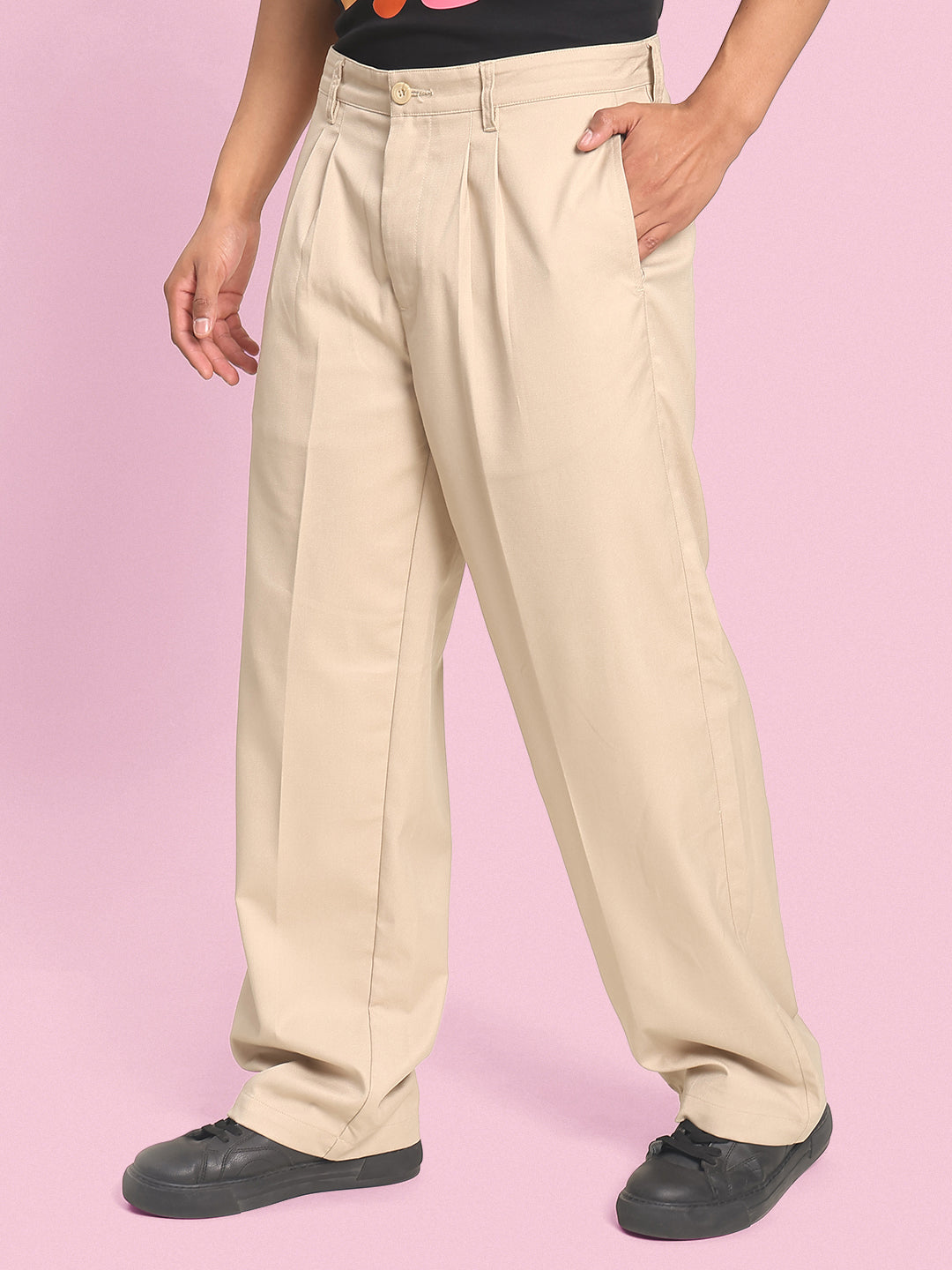 Men Cream Relaxed-fit Solid Trousers