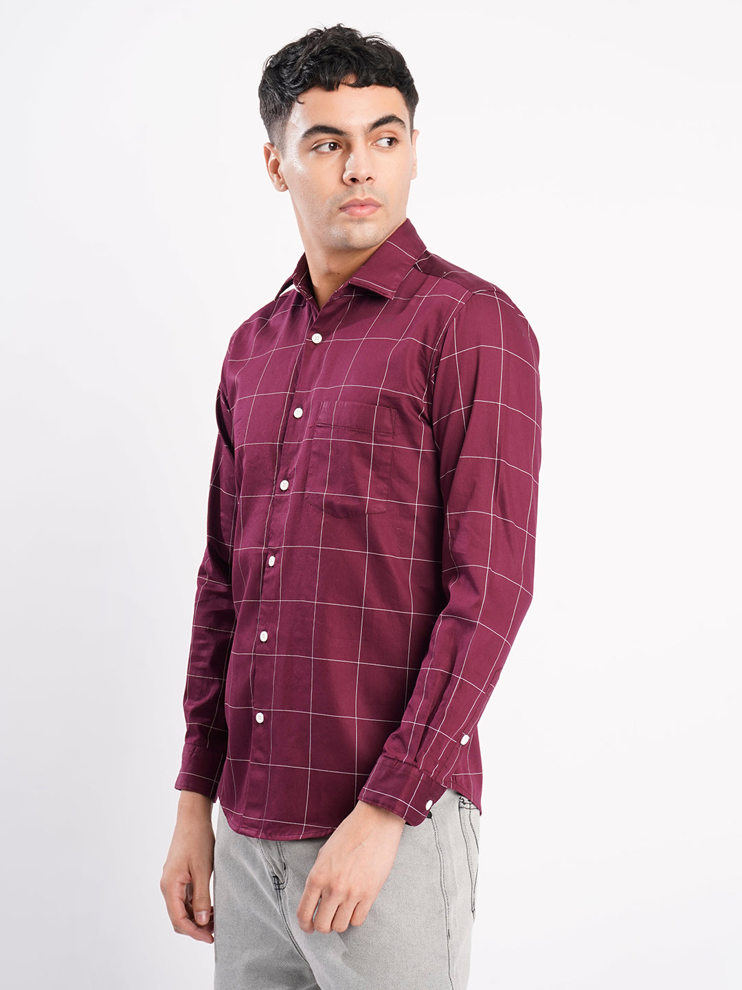 Men Maroon Checked Single Pocket Shirt