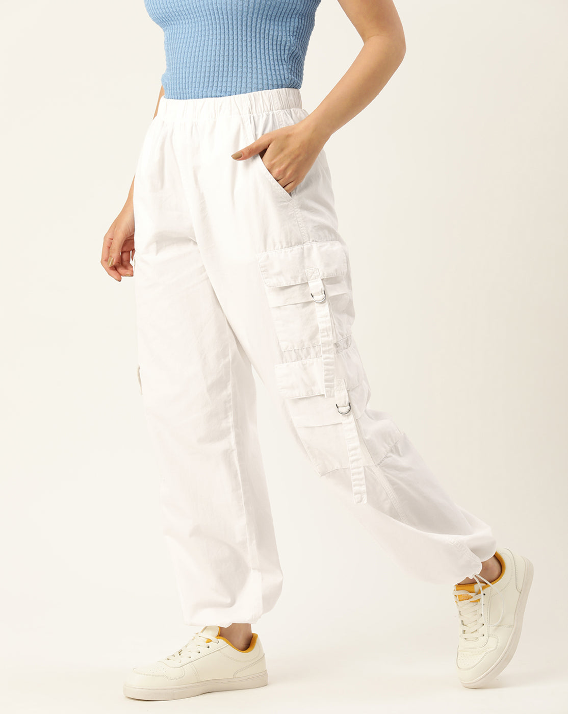 Women White Solid Parachute Fit Cargo Trousers