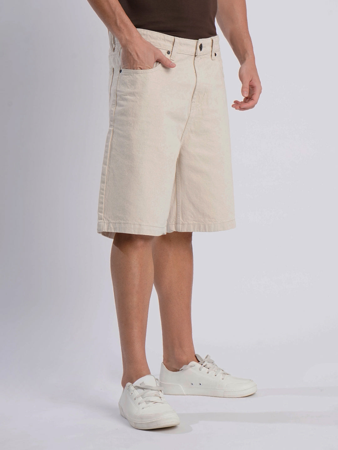 Men Ecru Relax Fit Denim Shorts