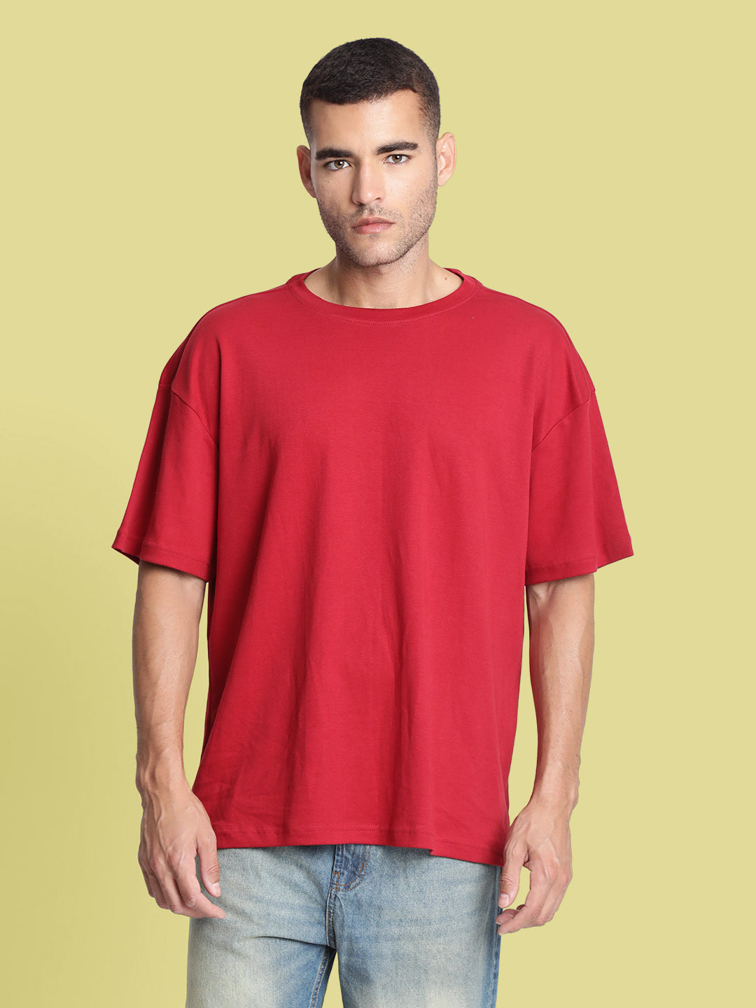 Men Red Solid Oversized T-Shirt