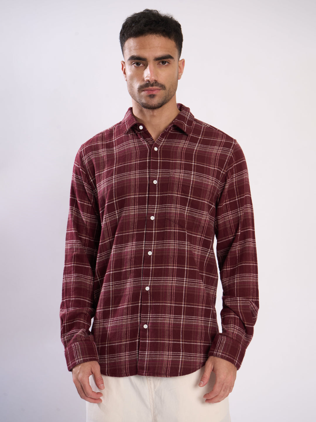 Men Brown Checked Single Pocket Shirt